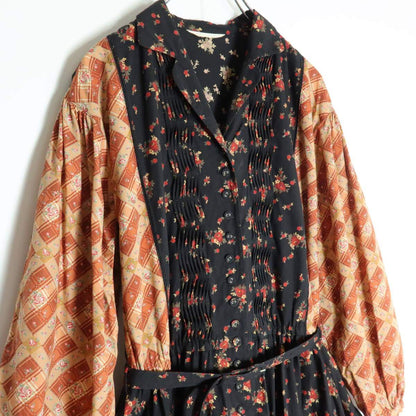 【レア美品】ピンクハウス★パッチワーク&はしごレース！小花柄ワンピース 黒×茶系 前開き 折りたたみピンタックも♪z17570