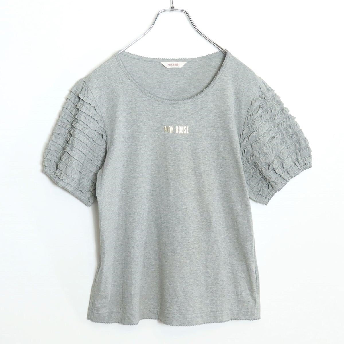 【美品】ピンクハウス★袖段々フリル♪半袖カットソー Tシャツ 大きいサイズL ライトグレー系 ふんわり袖♪無地 z18411