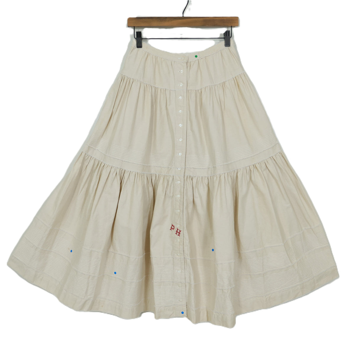 ピンクハウス★ロゴ刺しゅう♪厚手コットンの上下セット 長袖ブラウス&前開きスカート ベージュ系 ウエストお直し z22707