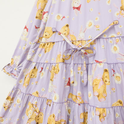 【極美品】ピンクハウス★ひな菊ロンドpt♪ミディ丈ワンピース ラベンダー系 裾段々フリル♪2023年 薄手 z23296