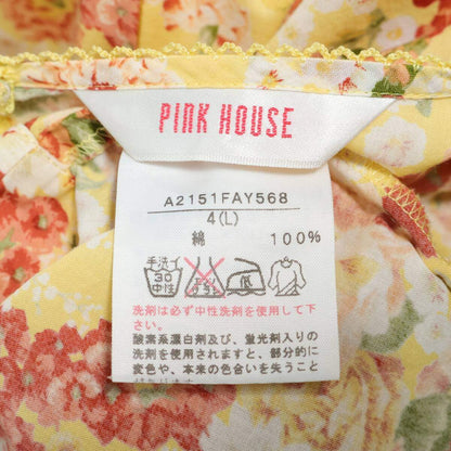 【極美品】ピンクハウス★華やかな半袖ローンワンピース♪サイドリボン クルーネック 大きいサイズ4(L) 黄色系薄手 z21325