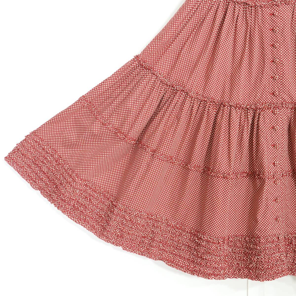 【美品】ピンクハウス★ドットpt♪ギャザースカート 赤系 前開き 段々フリル♪薄手 z21182