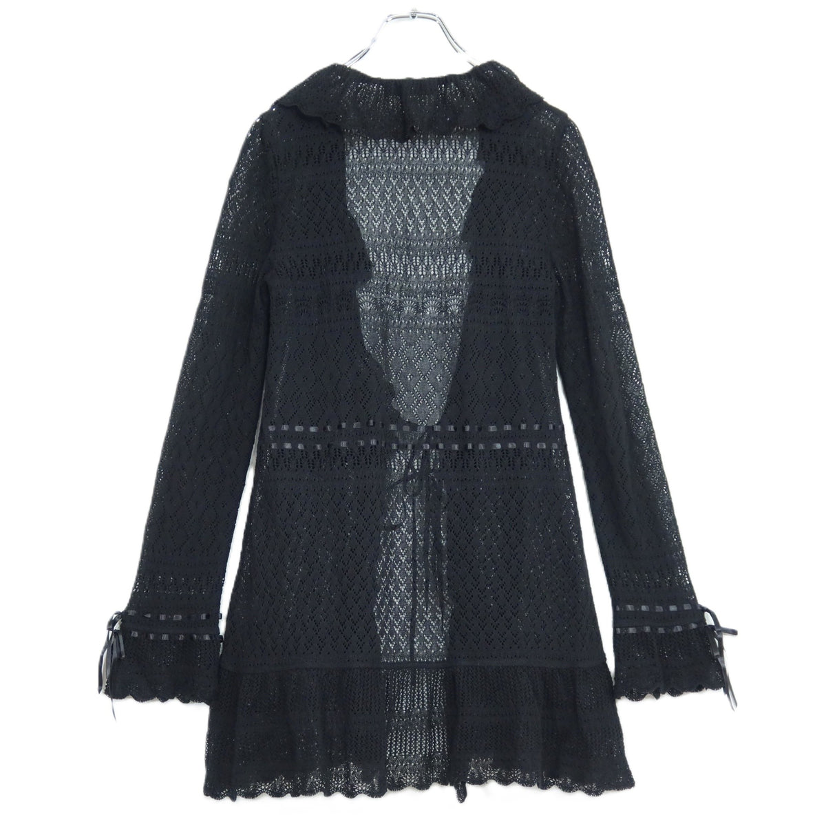 【美品】インゲボルグ★上品な透かし編みが素敵♪フリル付き ロング カーディガン サイズ9号 黒系 z20723