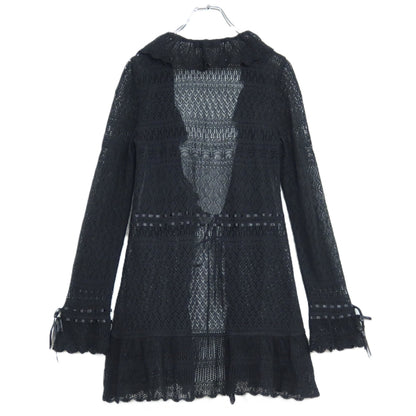 【美品】インゲボルグ★上品な透かし編みが素敵♪フリル付き ロング カーディガン サイズ9号 黒系 z20723