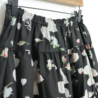 【美品】ピンクハウス★リボン&薔薇pt♪ローンギャザースカート 黒系 段々フリルがちら見え♪薄手 z22519