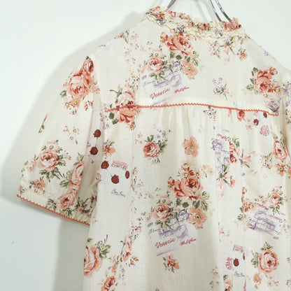 【美品】ピンクハウス★薔薇&エアメールpt♪半袖ミニワンピース エクリュ系 フリル&ピコレース♪薄手 z22548