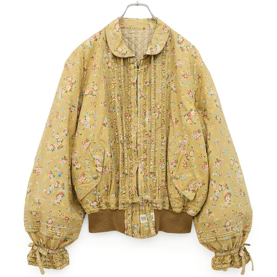 ピンクハウス★もこふわ♪花柄の中綿入りジップアップブルゾン モカ系 裏キルティング&リボン♪z23578