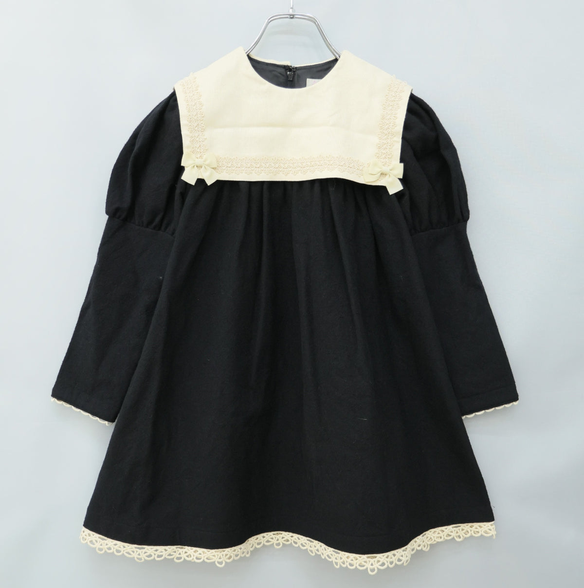 シャーリーテンプル★配色切替&リボン♪お姫さま風長袖ワンピース キッズサイズ120(7) 黒系 リボン付き z23417