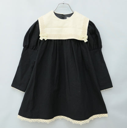 シャーリーテンプル★配色切替&リボン♪お姫さま風長袖ワンピース キッズサイズ120(7) 黒系 リボン付き z23417