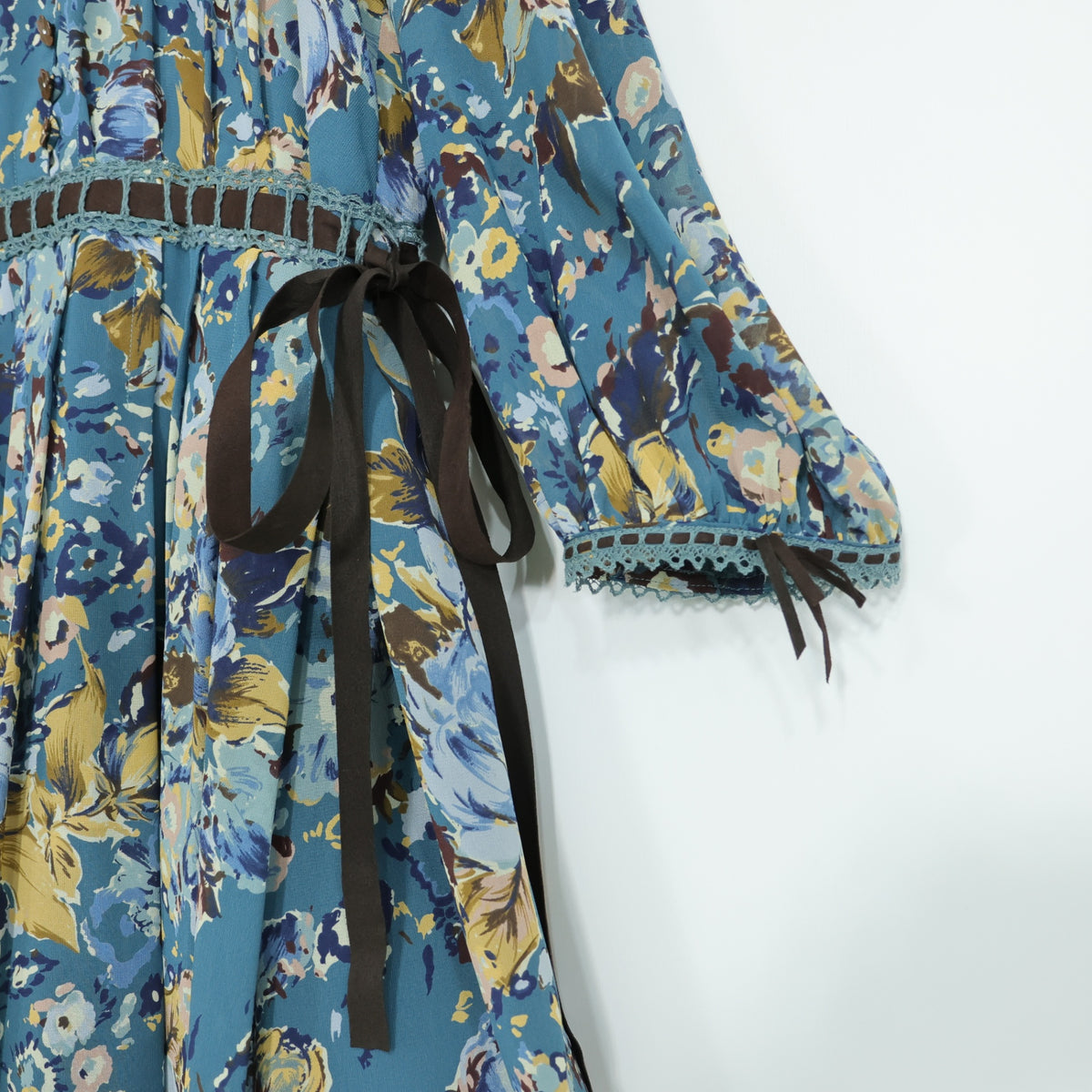 インゲボルグ★はしごレース&ベロアリボン♪花柄シフォンワンピース サイズ9 青緑系 薄手 z22247