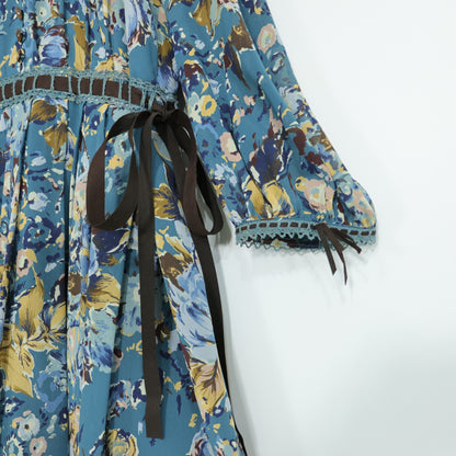 インゲボルグ★はしごレース&ベロアリボン♪花柄シフォンワンピース サイズ9 青緑系 薄手 z22247