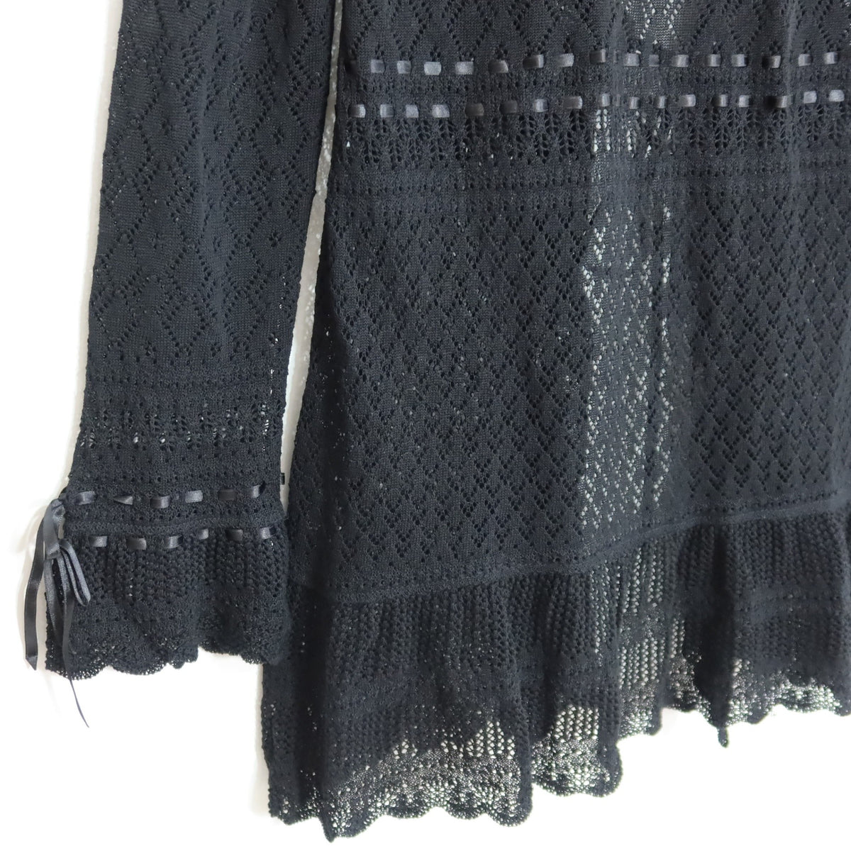 【美品】インゲボルグ★上品な透かし編みが素敵♪フリル付き ロング カーディガン サイズ9号 黒系 z20723