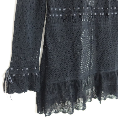 【美品】インゲボルグ★上品な透かし編みが素敵♪フリル付き ロング カーディガン サイズ9号 黒系 z20723