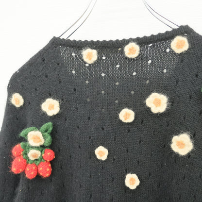 ピンクハウス★イチゴ&お花モチーフ♪透かし編みニットカーディガン 黒系 アンゴラ混 厚手 z23272