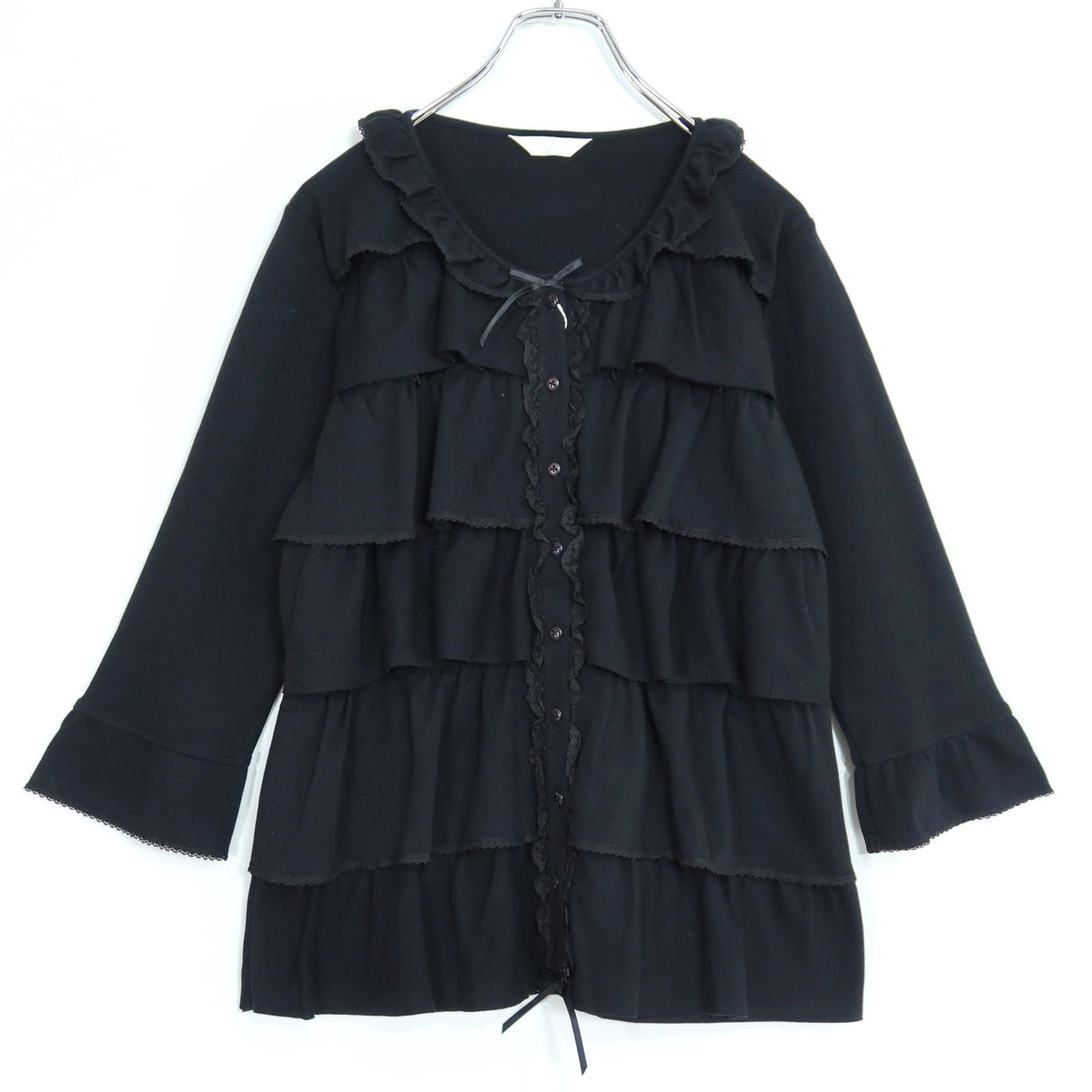 【美品】ピンクハウス★ティアードフリルカーディガン♪トップス ピコレース 綿100% 大きいサイズL 黒系 z19921