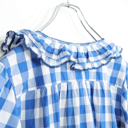 【美品】ピンクハウス★パッチワーク&フリル♪ブロックギンガムブラウス リボン ブルー系 2023年 z21516