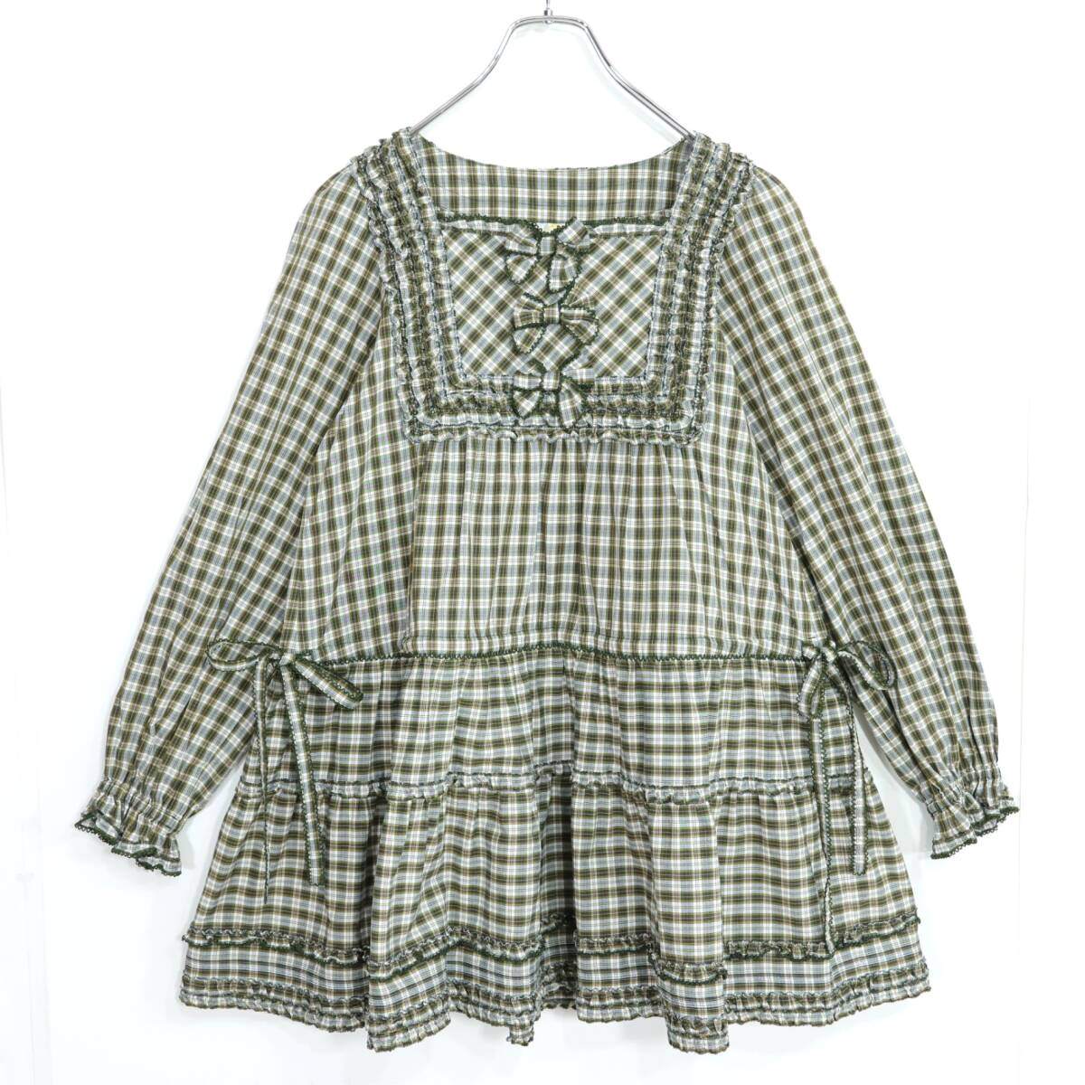 【美品】ピンクハウス★オリチェpt♪可愛いふんわりミニワンピ♪チュニック グリーン系 綿ローン 段々フリル&リボンも♪ z21384
