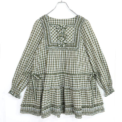 【美品】ピンクハウス★オリチェpt♪可愛いふんわりミニワンピ♪チュニック グリーン系 綿ローン 段々フリル&リボンも♪ z21384