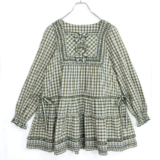 【美品】ピンクハウス★オリチェpt♪可愛いふんわりミニワンピ♪チュニック グリーン系 綿ローン 段々フリル&リボンも♪ z21384
