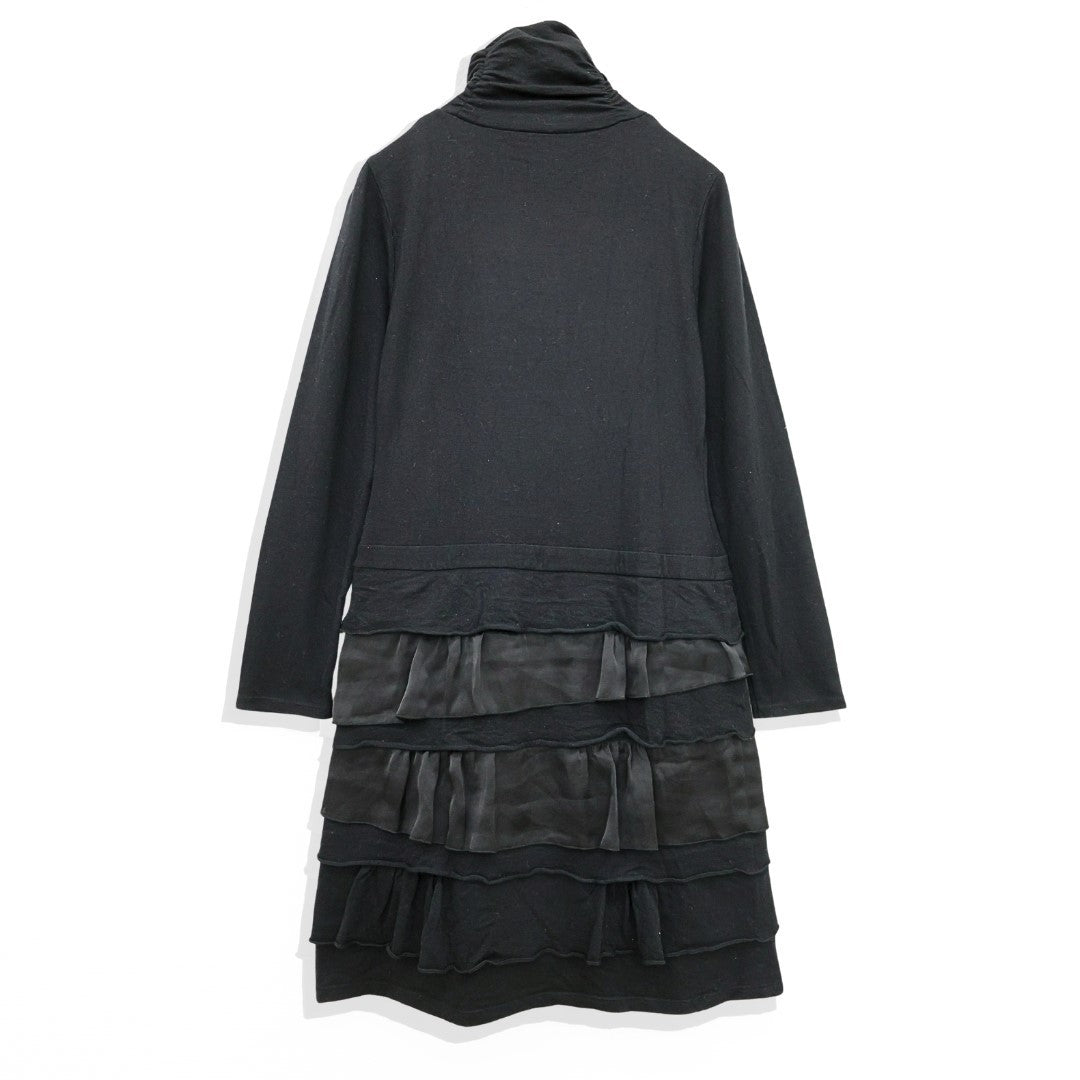 【美品】ボンサンス★アシンメトリーの段々裾が可愛い♪ ハイネック 長袖ワンピース サイズ38 黒系 z23392
