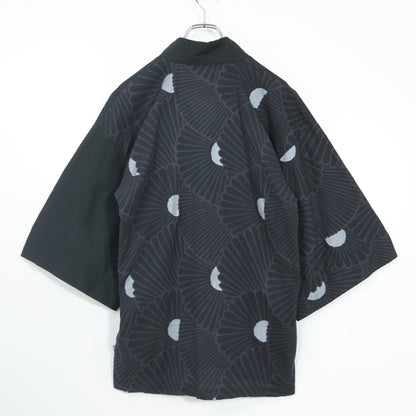 【美品】SOUSOU ソウソウ★高島縮 ジバン 風靡 片身替わり 菊扇 サイズM 濡羽色 黒系  薄手 z22734