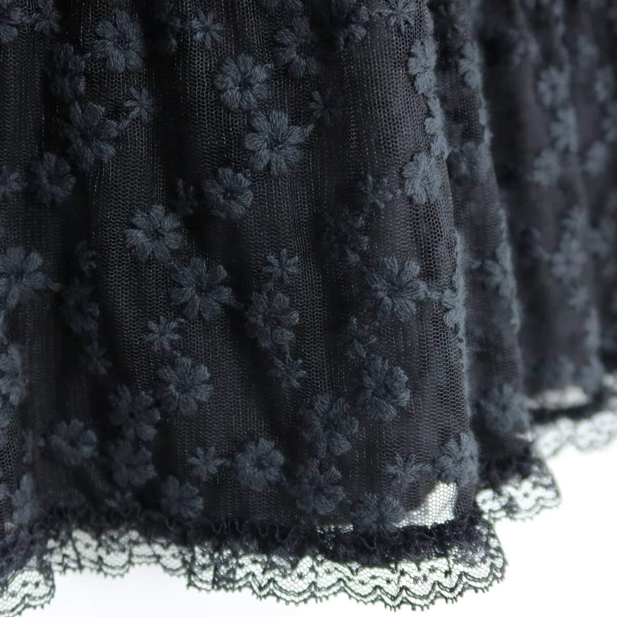 【美品！】ピンクハウス★かぶせ段々♪刺繍付チュールレースのワンピース サイズM 黒系 キュートな小花刺繍♪z21020