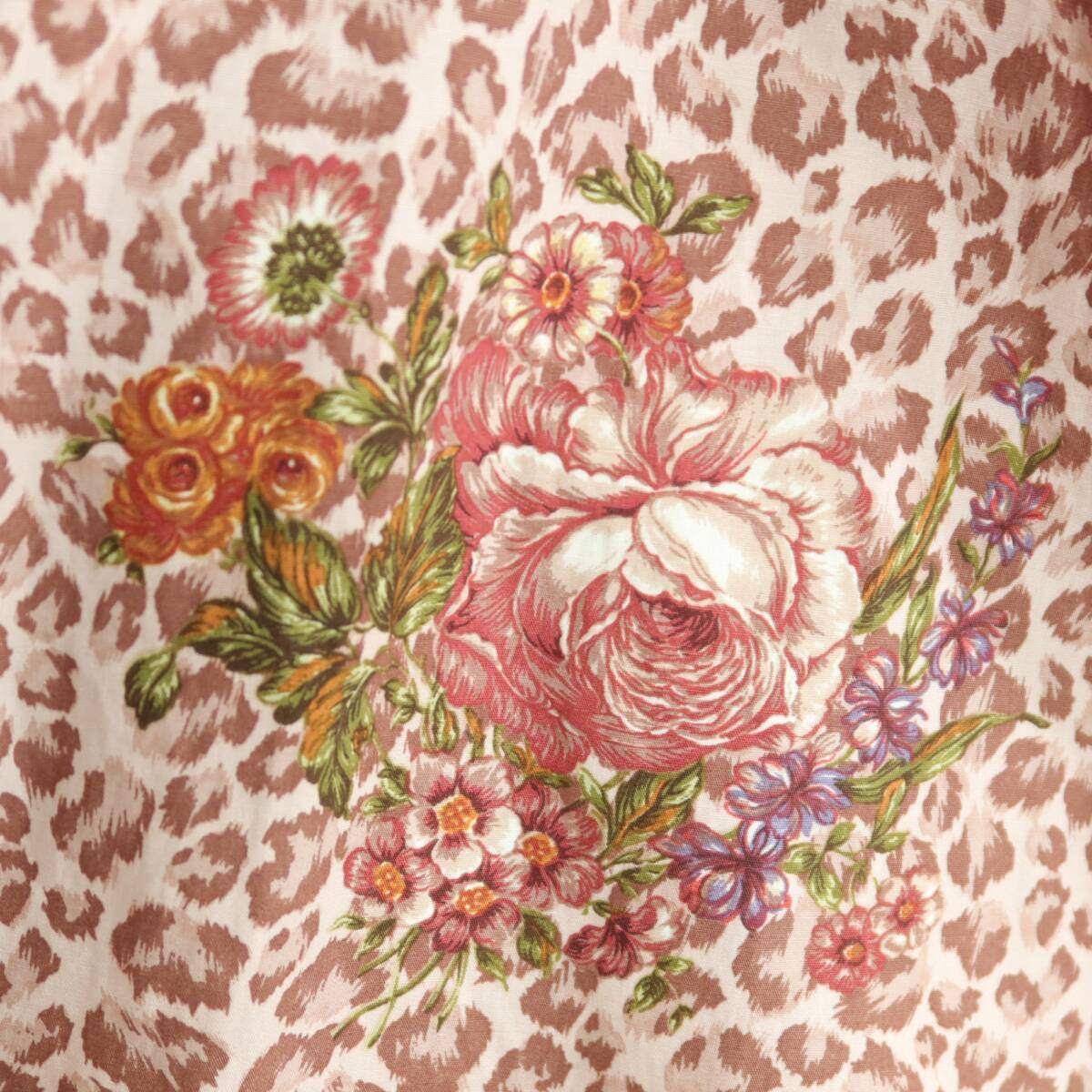【美品】PINK HOUSE ピンクハウス★レオパード×薔薇フラワープリント♪リボン 半袖チュニック ブラウス ピンク系＊z19615