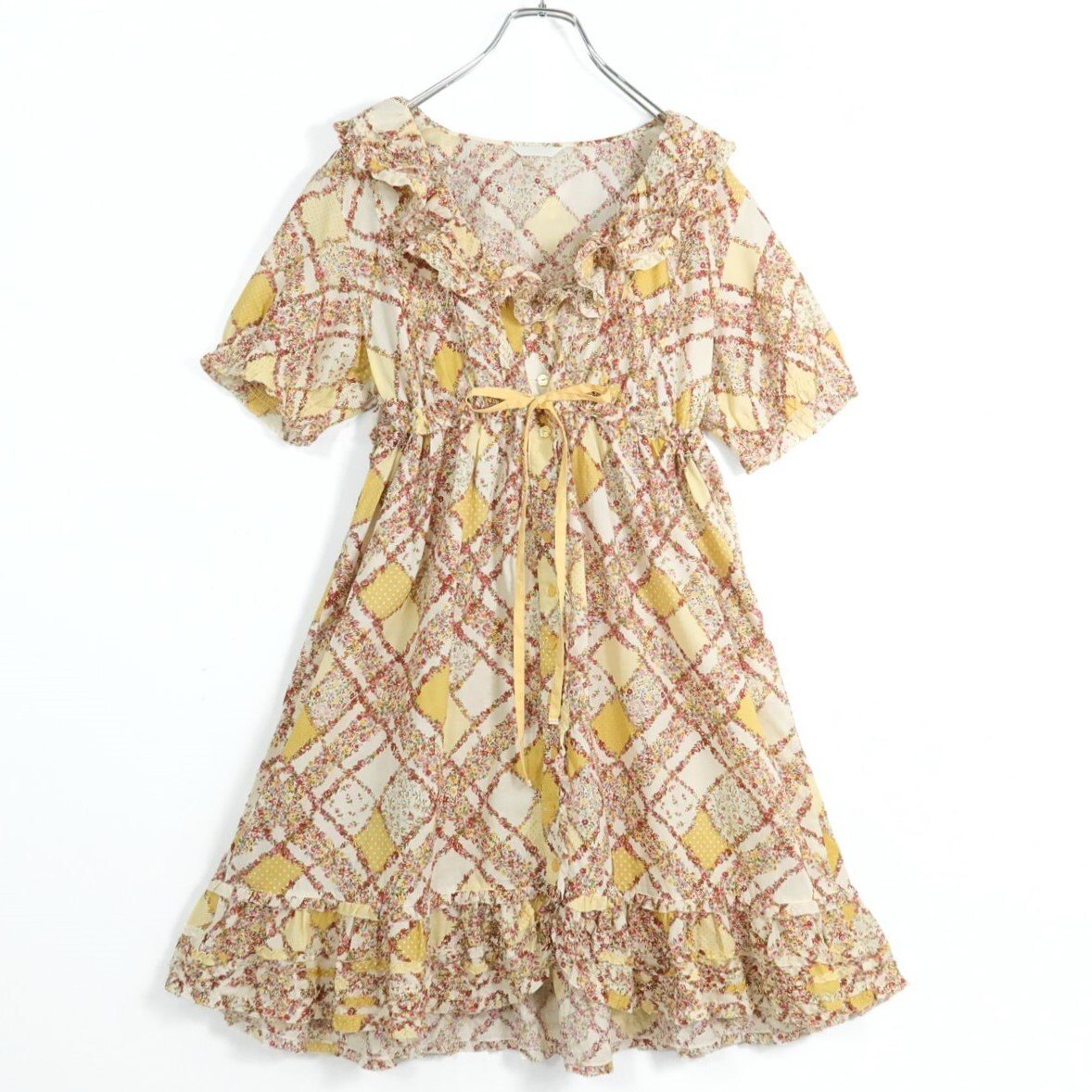 【美品】ピンクハウス★ローズ&ドット♪パッチワーク風ローンチュニックブラウス イエロー系 前開き 段々フリル♪z19582