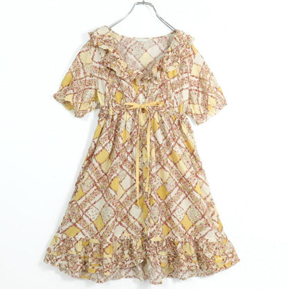 【美品】ピンクハウス★ローズ&ドット♪パッチワーク風ローンチュニックブラウス イエロー系 前開き 段々フリル♪z19582