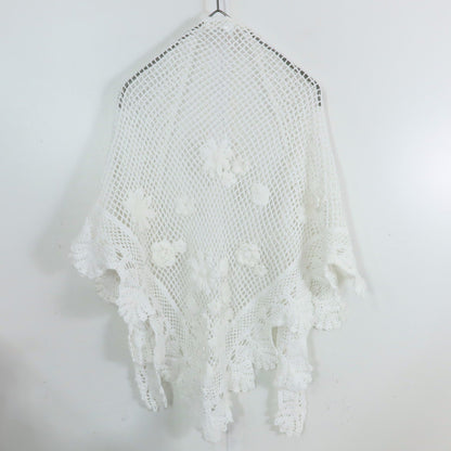 【美品】お花のモチーフ♪かぎ編み ストール 三角巾型ショール 白系 ＊ma031