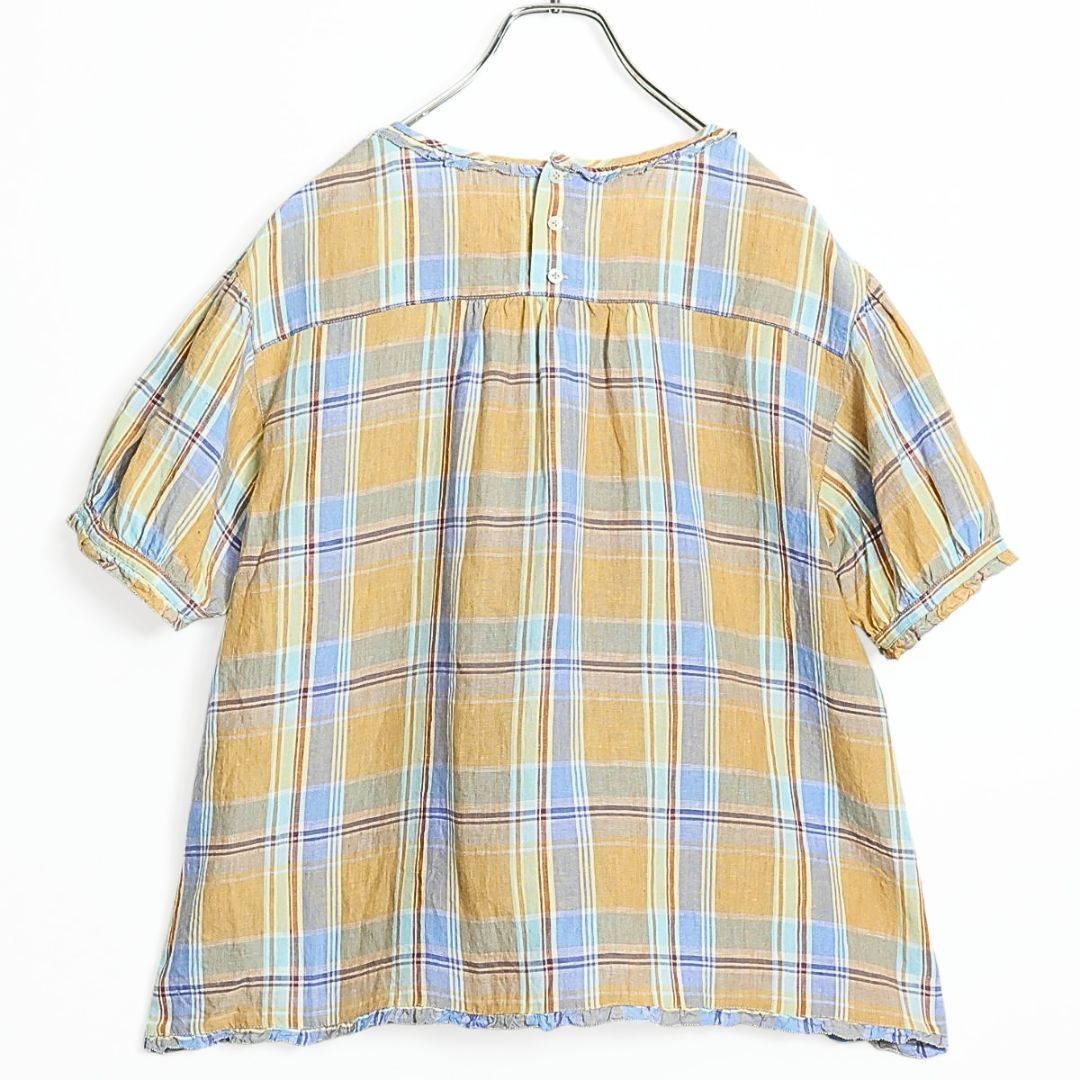 【美品】ピンクハウス★可愛い！胸元クロスステッチ マドラスチェック 半袖ブラウス リネン イエロー系 ＊ z15440