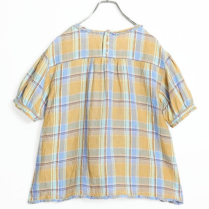 【美品】ピンクハウス★可愛い！胸元クロスステッチ マドラスチェック 半袖ブラウス リネン イエロー系 ＊ z15440