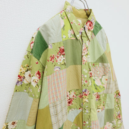 カールヘルム★華やかなパッチワークデザイン♪ メンズ 長袖 ボタンダウンシャツ 緑系 z23161