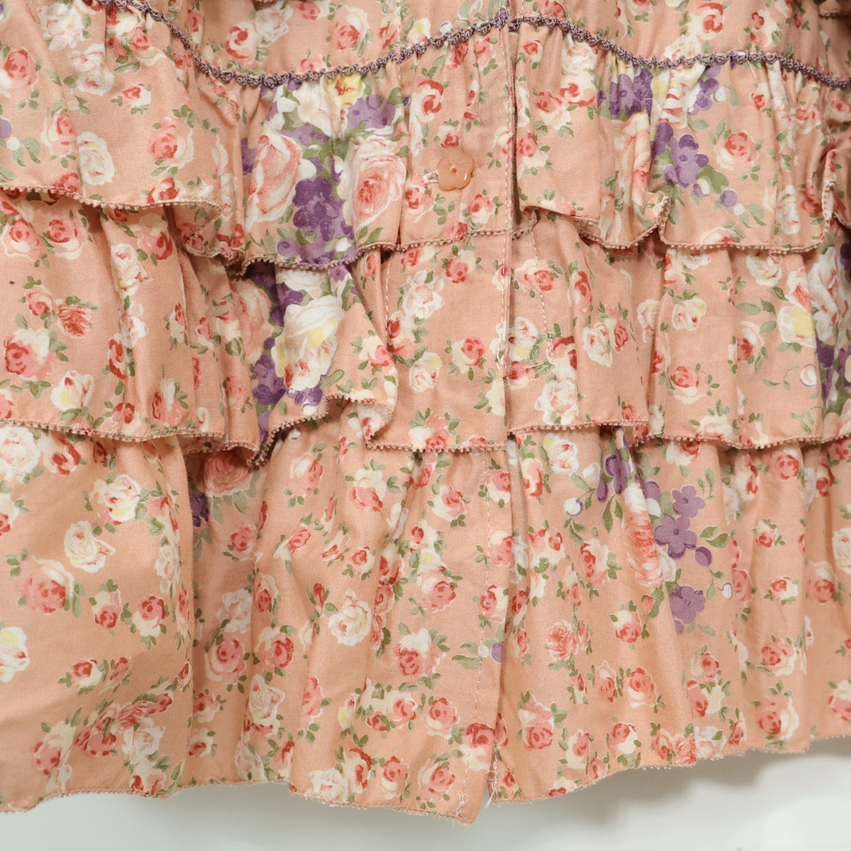 【美品】ピンクハウス★薔薇pt&段々フリル♪ギャザースカート サーモンピンク系 前開き z22914
