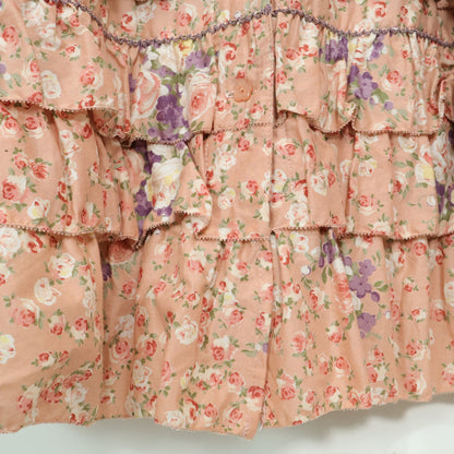 【美品】ピンクハウス★薔薇pt&段々フリル♪ギャザースカート サーモンピンク系 前開き z22914