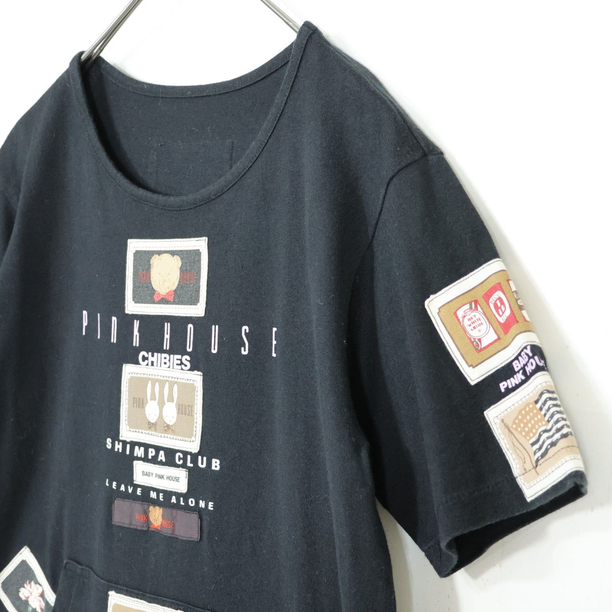 ベビーピンクハウス★ワッペンいっぱい♪半袖Tシャツ 前ポケット キューピー ぬいぐるみクマ ウサギ パフェ サイズL 黒系 z21891