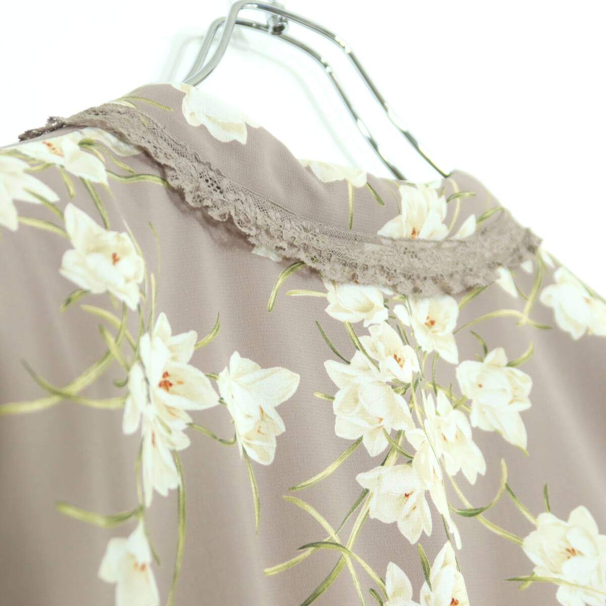 【美品】インゲボルグ★上品！レースフリル使い♪花柄ワンピース 半袖 薄茶系 残布有 薄手 ＊z20067