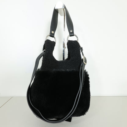 【美品】インゲボルグ★フェイクファー×ボア切替 2WAYショルダーバッグ ハンドバッグ 黒系 ba261