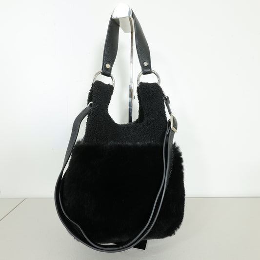 【美品】インゲボルグ★フェイクファー×ボア切替 2WAYショルダーバッグ ハンドバッグ 黒系 ba261