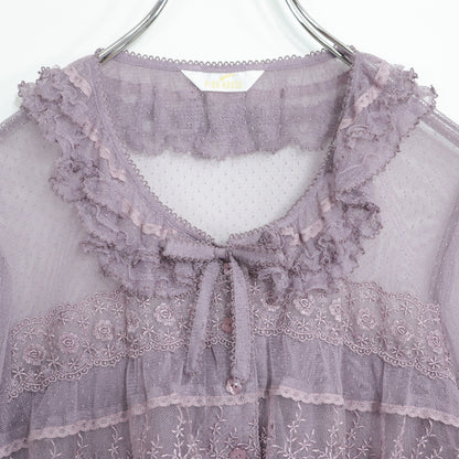 【極美品】ピンクハウス★ドットチュールレース♪長袖ブラウス ラベンダー系 前開き サテンリボンも♪2025年製 z22501