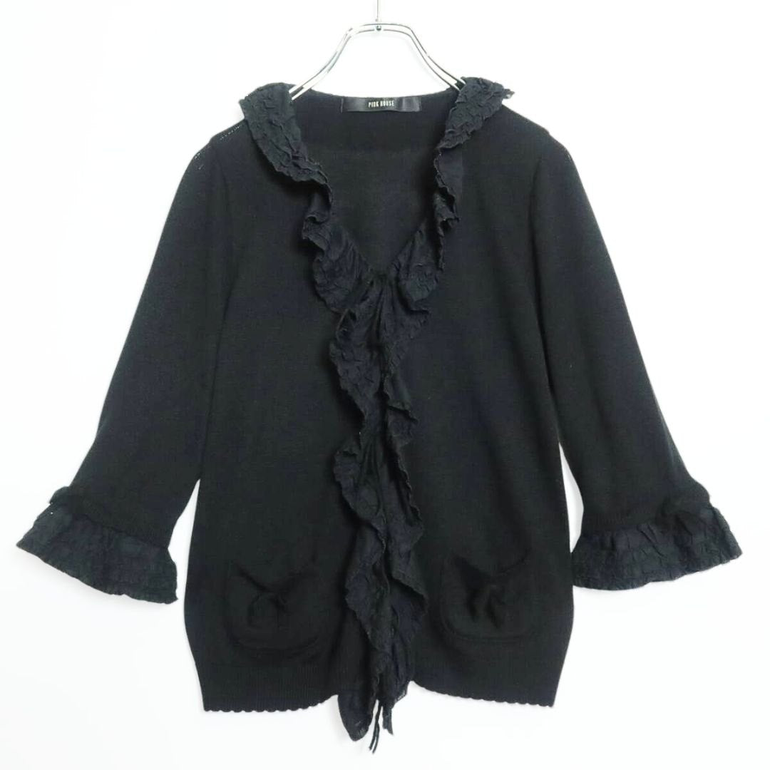 【美品】ピンクハウス★可愛い！ 段々フリル付き♪ニットカーディガン はおりもの 七分袖  リボン飾り 黒系＊z16996
