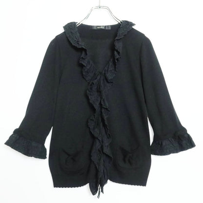 【美品】ピンクハウス★可愛い！ 段々フリル付き♪ニットカーディガン はおりもの 七分袖  リボン飾り 黒系＊z16996