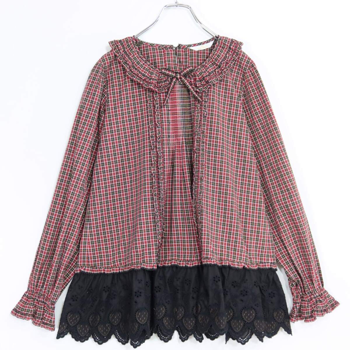 【美品】ピンクハウス★可愛い！ランブラーベリーレース使い♪オリチェptチュニックブラウス 赤×黒系 秋カタログ＊ z20038