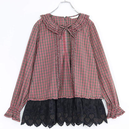 【美品】ピンクハウス★可愛い！ランブラーベリーレース使い♪オリチェptチュニックブラウス 赤×黒系 秋カタログ＊ z20038