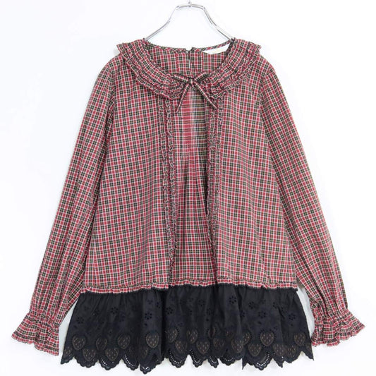 【美品】ピンクハウス★可愛い！ランブラーベリーレース使い♪オリチェptチュニックブラウス 赤×黒系 秋カタログ＊ z20038