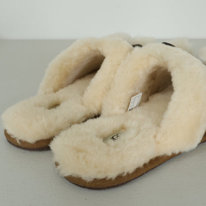 【美品！】UGG アグ★ポンポン付きリボンが可愛い♪ ファースリッパ ルームシューズ 大きいサイズ26.5 ブラウン系 sh201