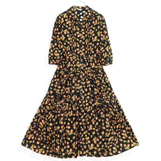 【レア美品】インゲボルグ★華やか薔薇pt♪七分袖ワンピース 黒系 前開き はしごレース&リボン♪薄手 z20078