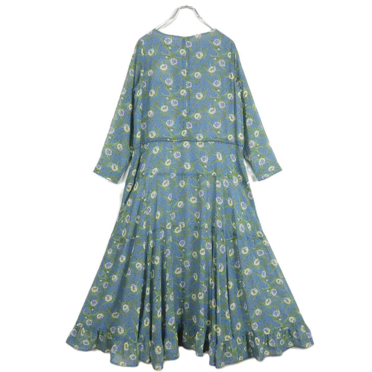 【極美品】インゲボルグ★二点セット！花柄シフォンワンピース&ショール サイズ9号 青系 ゆったり♪残布有 z18010