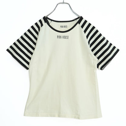 ピンクハウス★ラグランスリーブＴシャツ ロゴpt 半袖 シマシマ シンプル 大きいサイズL 白系 z22491