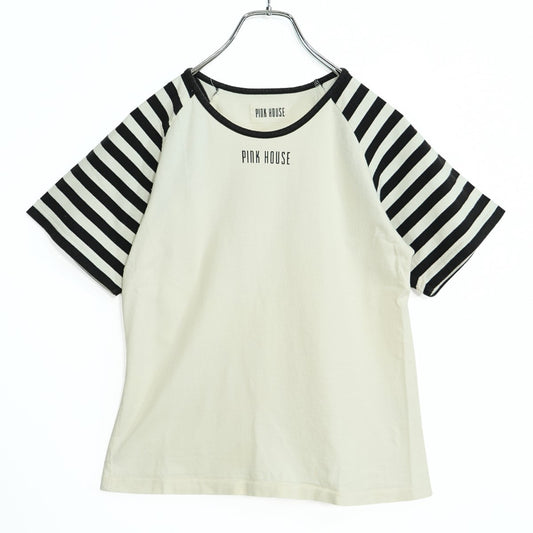 ピンクハウス★ラグランスリーブＴシャツ ロゴpt 半袖 シマシマ シンプル 大きいサイズL 白系 z22491